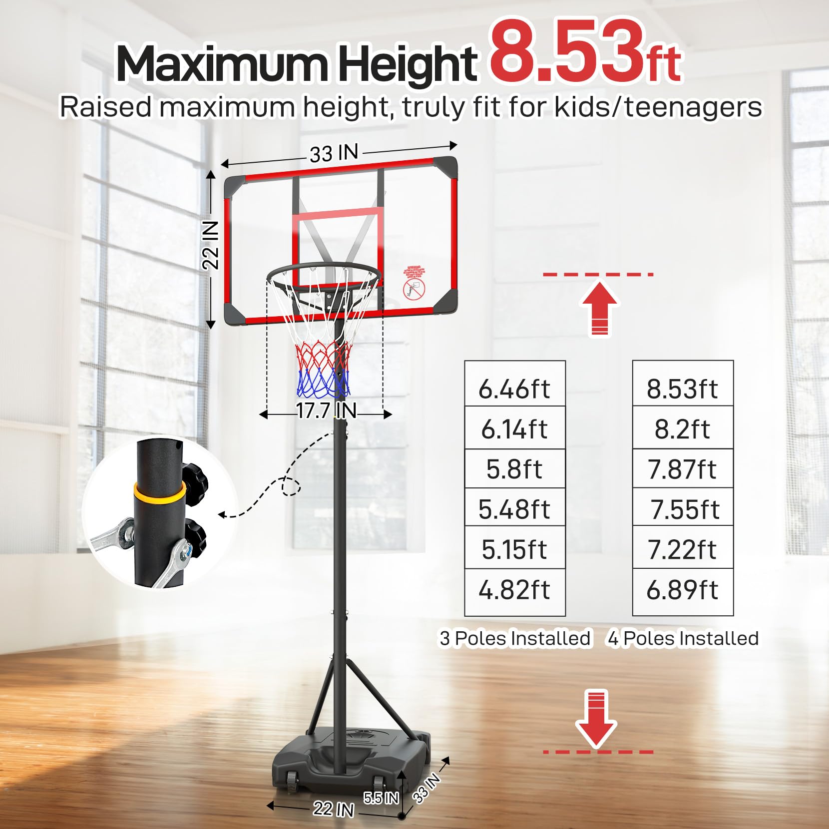 Kids Basketball Hoop Outdoor 4.82-8.53ft Adjustable, Portable Basketball Hoops & Goals for Kids/Teenagers/Youth in Backyard/Driveway/Indoor, with Enlarged Base and PC Backboard