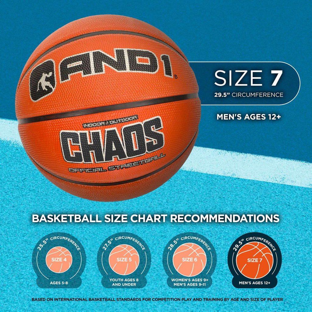 AND1 Chaos Basketball: Official Regulation Size 7 (29.5 inches) Rubber - Deep Channel Construction Streetball, Made for Indoor Outdoor Basketball Game