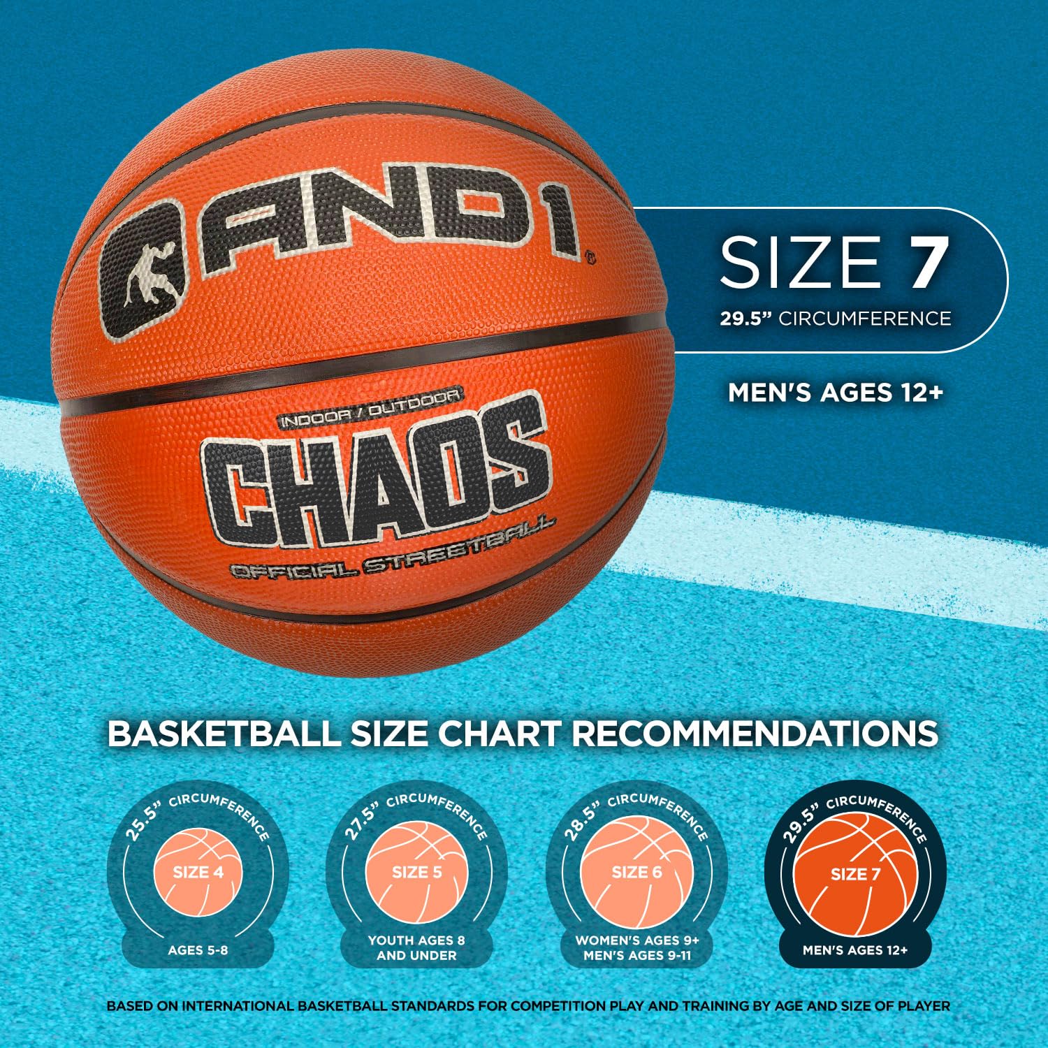 AND1 Chaos Basketball: Official Regulation Size 7 (29.5 inches) Rubber - Deep Channel Construction Streetball, Made for Indoor Outdoor Basketball Game