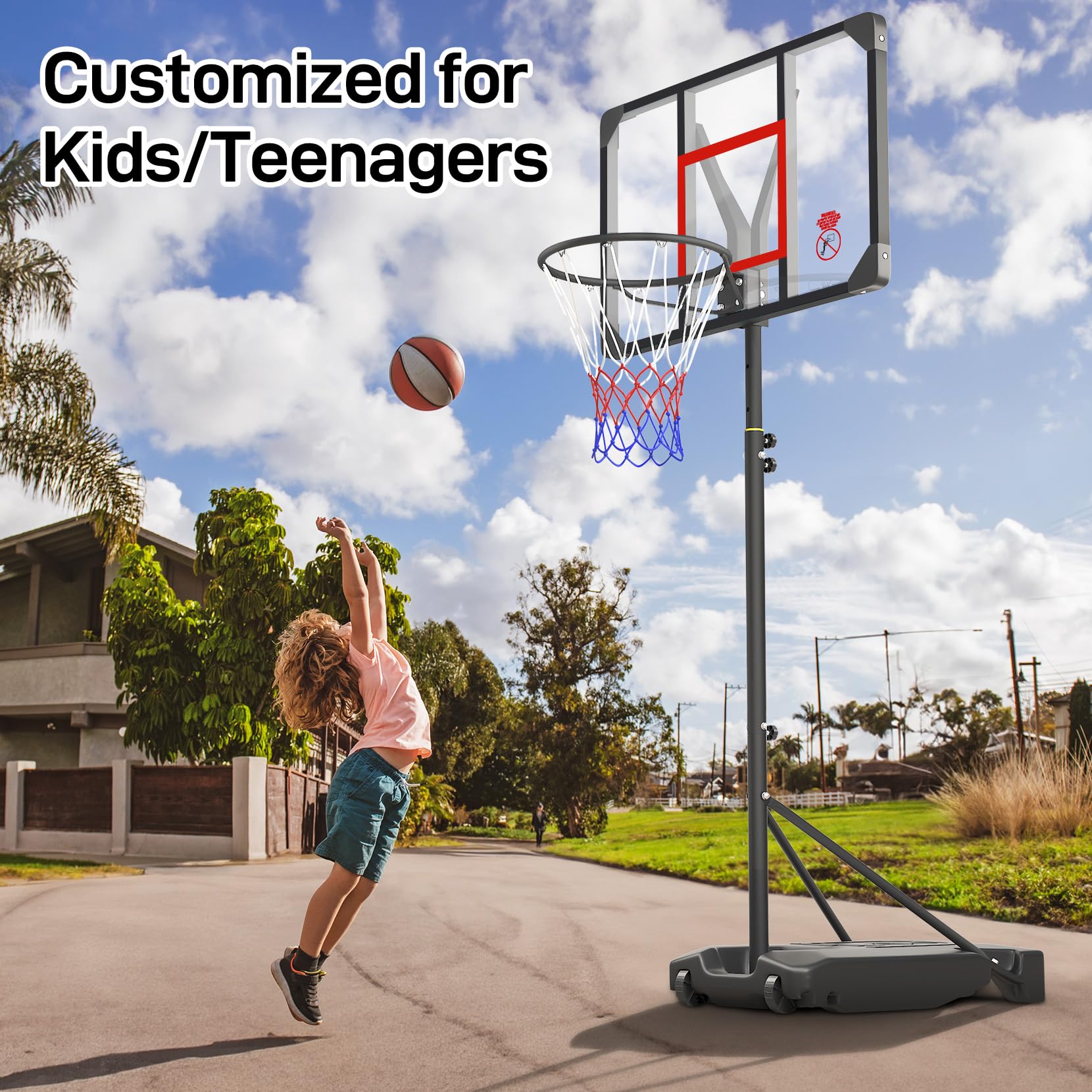 Kids Basketball Hoop Outdoor 4.82-8.53ft Adjustable, Portable Basketball Hoops & Goals for Kids/Teenagers/Youth in Backyard/Driveway/Indoor, with Enlarged Base and PC Backboard
